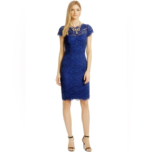 Monique Lhuillier Royal Blue Floral Lace Never Let You Go Sheath Dress Formal 4 - Picture 3 of 10